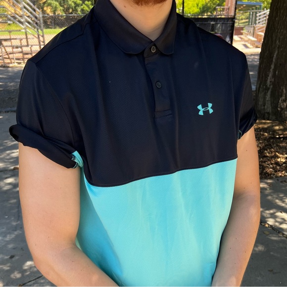 UNDER ARMOUR MEN PERFORMANCE COLORBLOCK POLO SHIRT TENNIS UNIFORM TIFFANY BLUE L - Picture 2 of 16